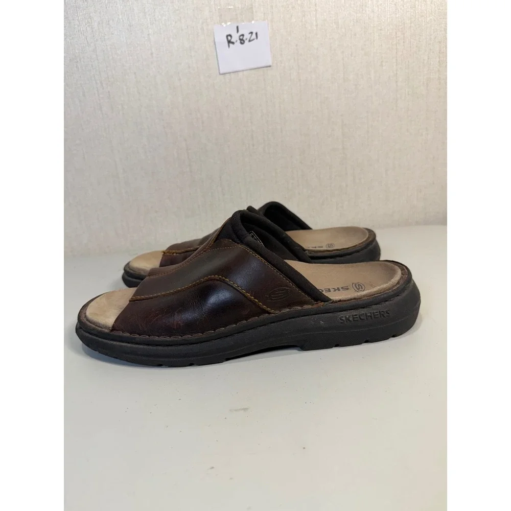 Skechers Mens Brown Leather Slide Sandals Open Toe Slip On SN 4272 Size 10